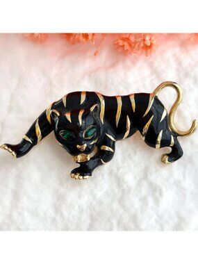 Les Bernard Panther Black & Gold Vintage Gold T Vintage Costume Brooch